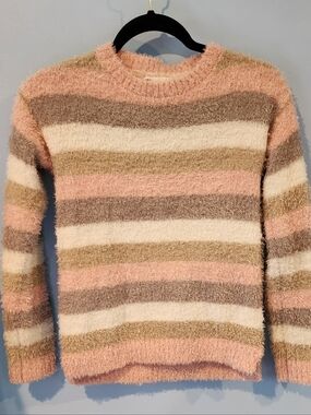 Epic Threads Fuzzy Stripe Crewneck Sweater in Pink, Cream & Brown Size L
